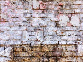 Abstract background old white brick wall with cracks and scratches. Landscape style. Great background or texture.