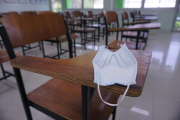 The used medical face mask on the wood lecture chairs in the empty classroom. Concept during the Coronavirus disease COVID-19 outbreak and pandemic in the 2020s. Back to school concept.