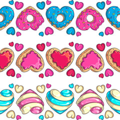 Seamless borders and brushes of heart shaped donut, candy and cookie with additional hearts. Colorful vector illustrations for Valentine’s Day, birthday party, wedding, food fests and other designs.
