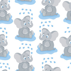 Seamless, endless pattern with elephant sitting in a puddle and washing, can be used as a print on children s clothing, vector eps 10 illustration