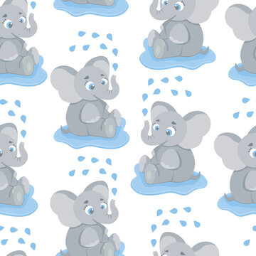Seamless, endless pattern with elephant sitting in a puddle and washing, can be used as a print on children s clothing, vector eps 10 illustration © Zalina