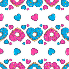 Seamless pattern of heart shaped donuts both intact and missing a bite. Colorful vector illustration for Valentine’s Day, birthday party, wedding, food fests and other designs.