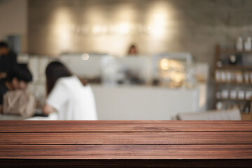 Cafe bistro or restaurant blurred background with empty wood montage.