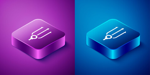 Isometric Neptune Trident icon isolated on blue and purple background. Square button. Vector.