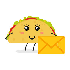 Cute flat cartoon taco holding an envelope illustration. Vector illustration of cute taco with a smiling expression.