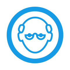 Icono plano cabeza de hombre mayor calvo y con gafas en círculo color azul