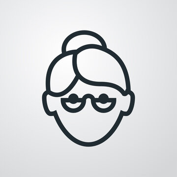 Icono plano cabeza de mujer mayor con peinado con moño y gafas en fondo gris