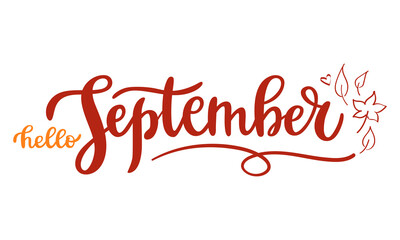 Hello September handwritten lettering phrase with doodle leaves. Seasonal vector art isolated on white background. Creative calligraphy for card, poster, web banner or print.  © Seja_aka_Lita