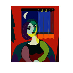 Colorful  background, cubism art style,portrait of sitting woman