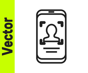 Black line Mobile phone and face recognition icon isolated on white background. Face identification scanner icon. Facial id. Cyber security. Vector.