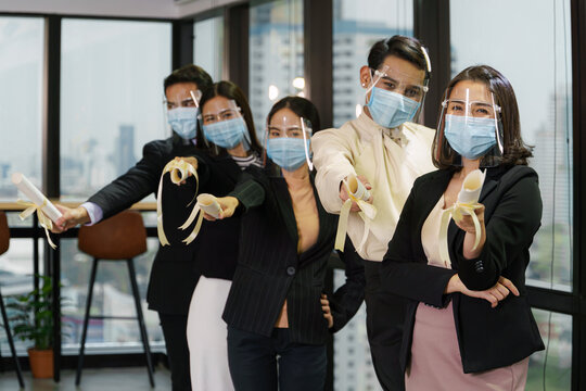 business certificate and reward receiving ceremony with wearing mask