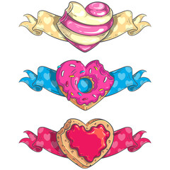 Heart Shaped Candy, Donut and Cookie missing a bite on heart patterned ribbons background. Colorful vector illustrations for Valentine’s Day, birthday party, wedding, food fests and other designs.