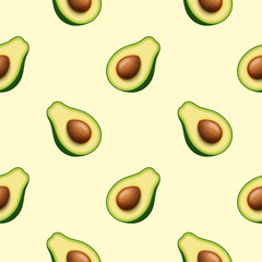 Seamless pattern of realistic green avocado for healthy eating. 3d render. Sliced avocado in half with pip. Raster illustration on beige background.