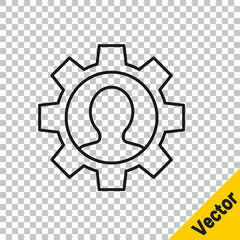 Black line Human with gear icon isolated on transparent background. Artificial intelligence. Thinking brain sign. Symbol work of brain. Vector.