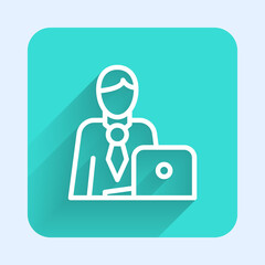 White line Businessman icon isolated with long shadow. Business avatar symbol user profile icon. Male user sign. Green square button. Vector.