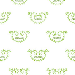 Raster seamless pattern of green logo Organic design template. Emblem for natural farm, organic products. On white background.