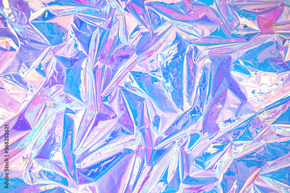 Poster Blurred abstract Modern pastel colored holographic background in 80s style. Crumpled iridescent foil real texture. Synthwave. Vaporwave style. Retrowave, retro futurism, webpunk