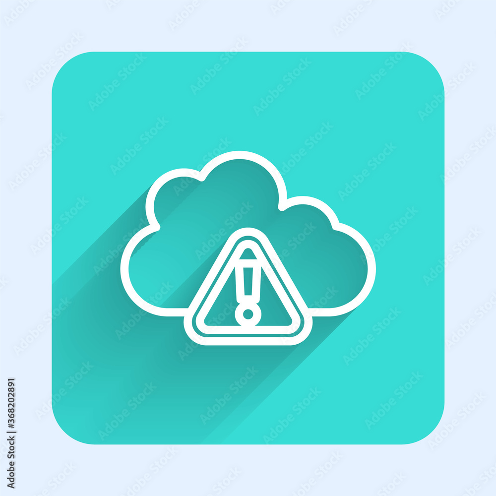 Poster White line Storm warning icon isolated with long shadow. Exclamation mark in triangle symbol. Weather icon of storm. Green square button. Vector.