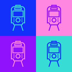 Pop art line Tram and railway icon isolated on color background. Public transportation symbol. Vector.