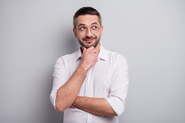 Close-up portrait of his he nice attractive curious cheery mature man thinking creating new...