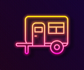 Glowing neon line Rv Camping trailer icon isolated on black background. Travel mobile home, caravan, home camper for travel. Vector.