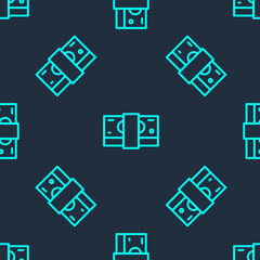 Green line Stacks paper money cash icon isolated seamless pattern on blue background. Money banknotes stacks. Bill currency. Vector.