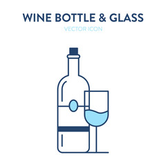 Wine bottle and glass icon. Vector ilustration of sealed wine bottle with cork and glass filled with drink. Old bottle and wineglass with alcohol