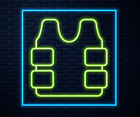 Glowing neon line Bulletproof vest for protection from bullets icon isolated on brick wall background. Body armor sign. Military clothing. Vector.
