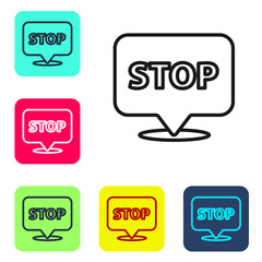Black line Protest icon isolated on white background. Meeting, protester, picket, speech, banner, protest placard, petition, leader, leaflet. Set icons in color square buttons. Vector.