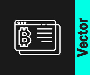White line Cryptocurrency coin Bitcoin icon isolated on black background. Physical bit coin. Blockchain based secure crypto currency. Vector.