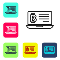 Black line Mining bitcoin from laptop icon isolated on white background. Cryptocurrency mining, blockchain technology service. Set icons in color square buttons. Vector.