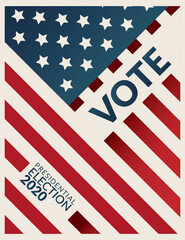 Obraz premium US Presidential election 2020 campaign poster banner. word VOTE Presidential election 2020 with american flag pattern on background. Presidential election banner background. flat design, vector