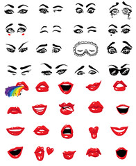 Fototapeta na wymiar Woman's lip and eyes gestures collection. Fashion illustration. Girl mouths and eyes close up with red lipstick makeup expressing different emotions