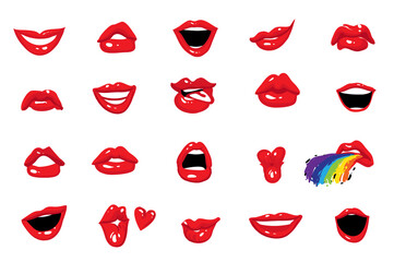 Woman's lip gestures collection. Fashion illustration. Girl mouths close up with red lipstick makeup expressing different emotions