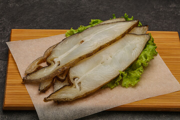 Delicous smoked halibut slices snack