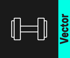 White line Dumbbell icon isolated on black background. Muscle lifting icon, fitness barbell, gym, sports equipment, exercise bumbbell. Vector.