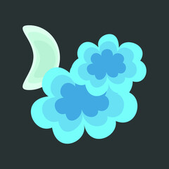 Moon and clouds, blue cloud and light gray moon on a dark background, vector illustration