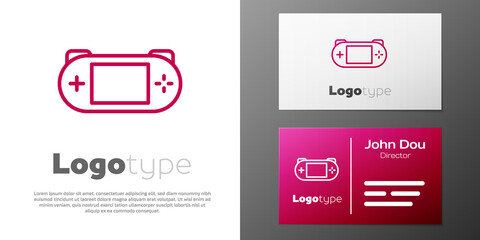 Logotype line Portable video game console icon isolated on white background. Gamepad sign. Gaming concept. Logo design template element. Vector.