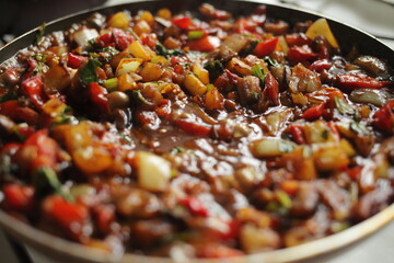 Healthy food vegetables are fried in a pan Tomato eggplant onion pepper zucchini
