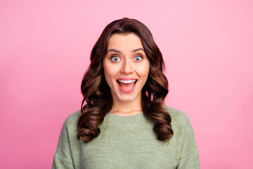 Portrait of astonished girl look hear wonderful black friday bargains impressed enjoy scream wear...