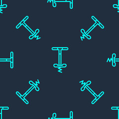 Green line Pogo stick jumping toy icon isolated seamless pattern on blue background. Vector.
