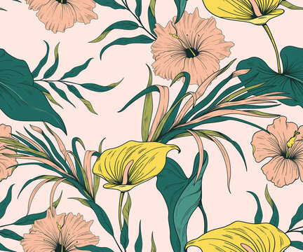 Seamless pattern with trendy exotic flowers and leaves

