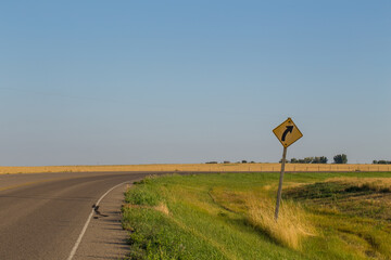 Traffic Signs Right Curve Road Warning and a bend in the highway road shown.. Empty roadway Alberta highway driving along the prairies. Driving symbols