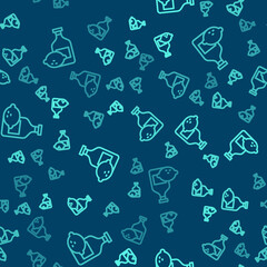 Green line Limoncello bottle icon isolated seamless pattern on blue background. Bottle of fresh homemade lemonade. Vector.