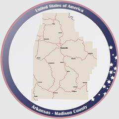 Round button with detailed map of Madison County in Arkansas, USA.