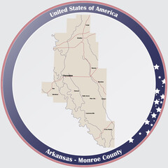 Round button with detailed map of Monroe County in Arkansas, USA.