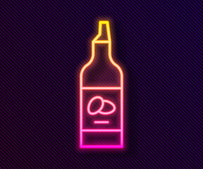 Glowing neon line Bottle of olive oil icon isolated on black background. Jug with olive oil icon. Vector.