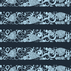 Sea life hand drawn Doodle seamless pattern . Marine vector motif . Underwater world, waves, shells, fish and algae. Background with horizontal stripes