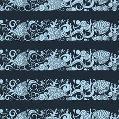 Fototapeta premium Sea life hand drawn Doodle seamless pattern . Marine vector motif . Underwater world, waves, shells, fish and algae. Background with horizontal stripes
