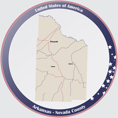 Round button with detailed map of Nevada County in Arkansas, USA.